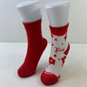 Womens Flowers Bears Crew Socks 2 Pack Ruffle Cuff Red White